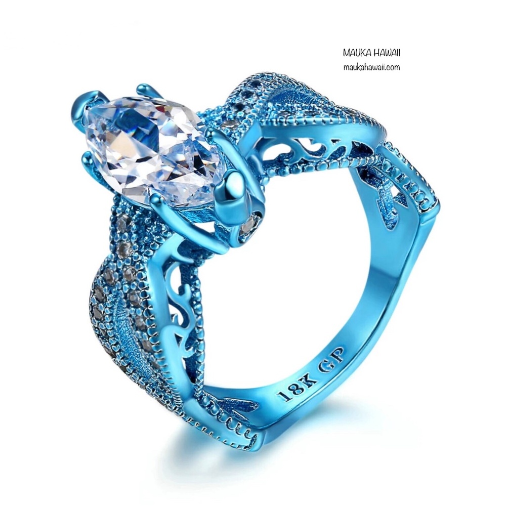 Blue Cubic Zirconia Modern Marquise Setting Statement Ring Sizes 7 8 9 10 New!